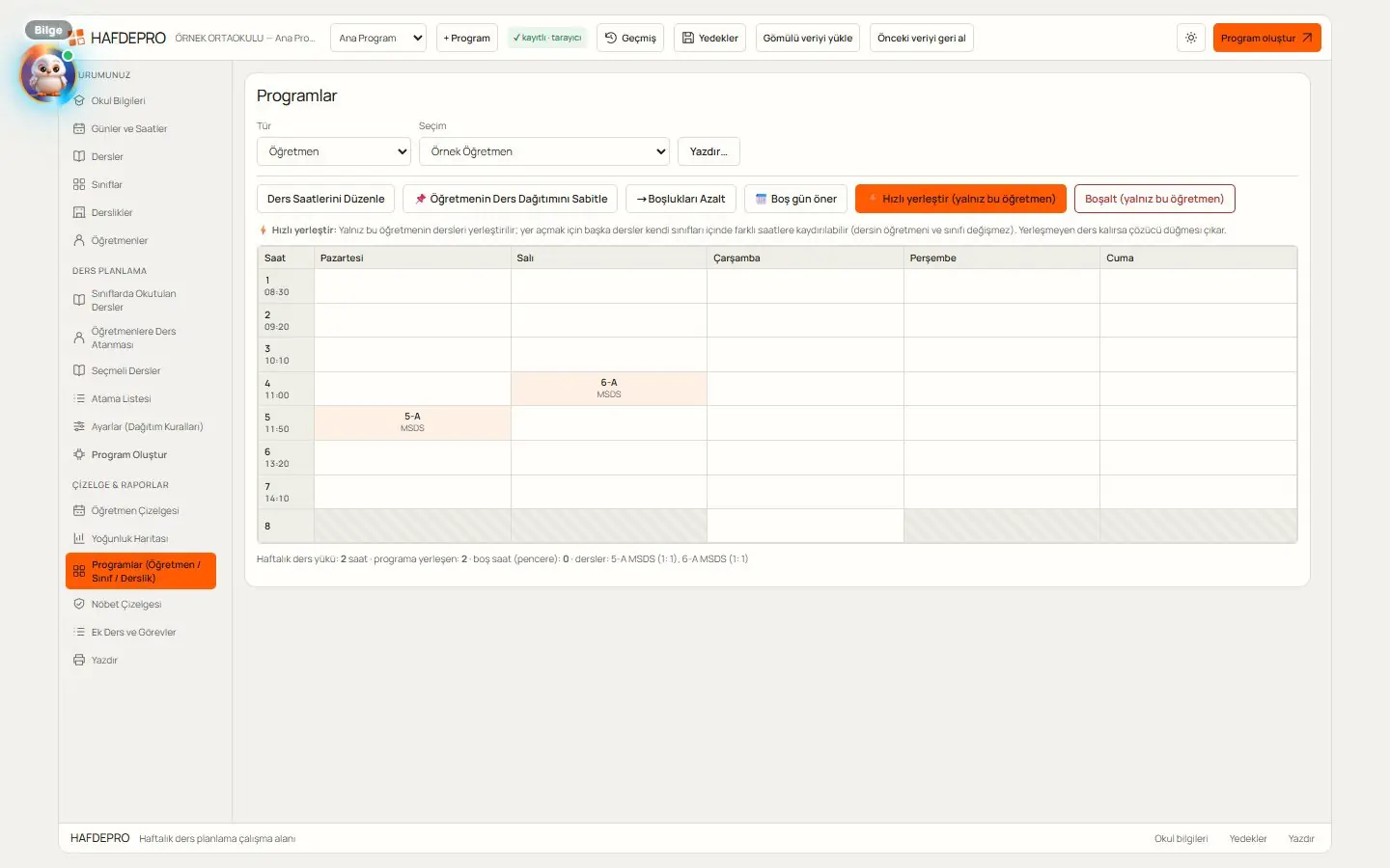 Öğretmen, sınıf ve derslik programları ekranı